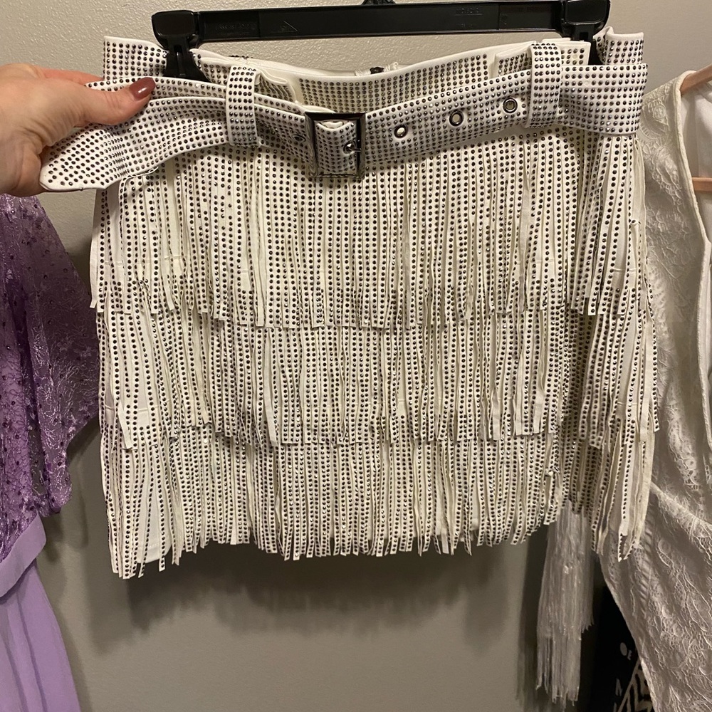 Boutique White fringe sparkly belted mini skirt